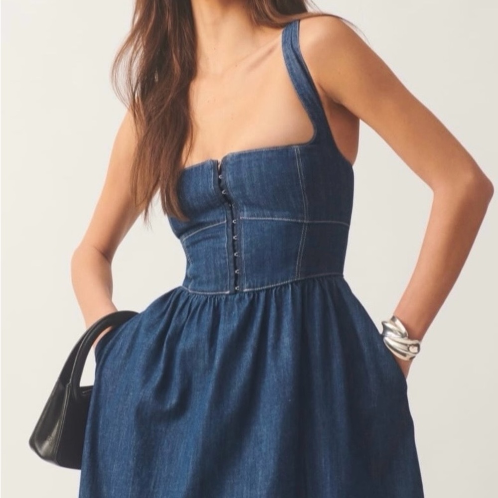 Brand New Never Worn Reformation Tagliatelle Denim Midi Dress.